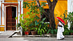 Short Story: When A Riotous Mohenambal Came To Stay With Akka... Indian woman in white sari walking by a colorful house in Pondicherry