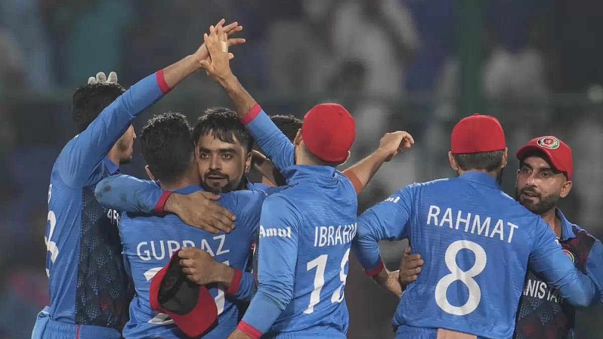 Afghanistan celebrate their remarkable win over England in Delhi.