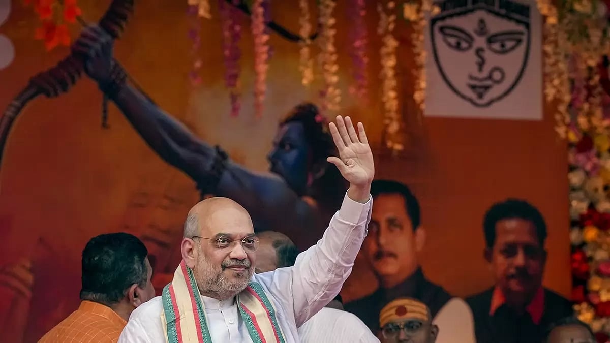 Amit Shah addressing a poll rally in Bhilwara