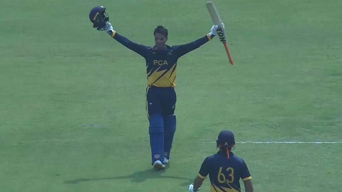 Punjab's Abhishek Sharma celebrates his ton against Andhra in Ranchi.