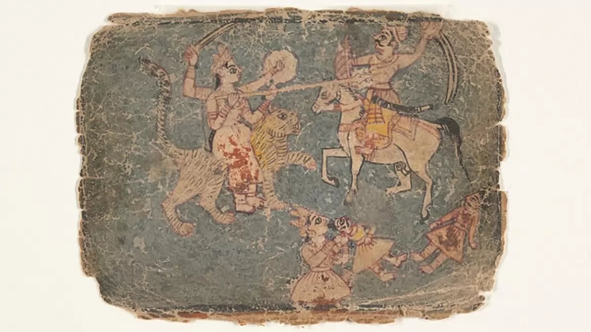 The Goddess Durga Slaying an Enemy; Page from a Dispersed Markandeya Purana (Stories of the Sage Markandeya), 1650-60. Artist Unknown.