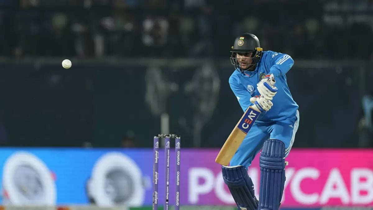 Shubman Gill bats during the India vs New Zealand game in Dharamsala. 