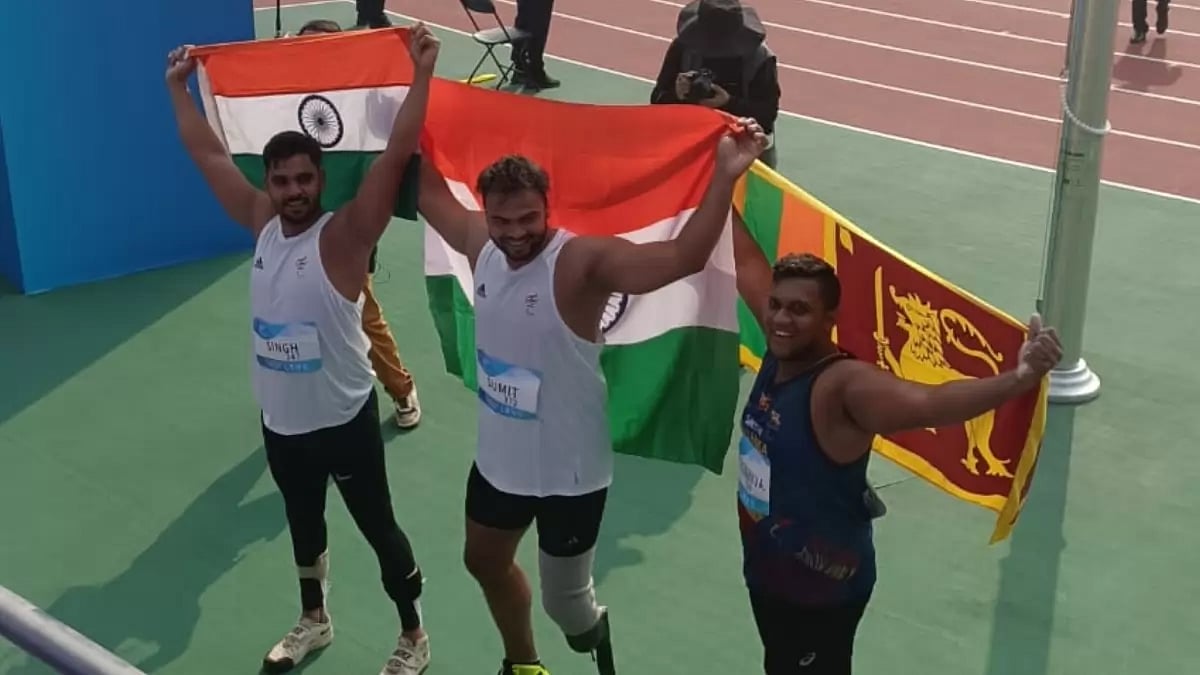 Sumit Antil (centre) at the Asian Para Games 2023