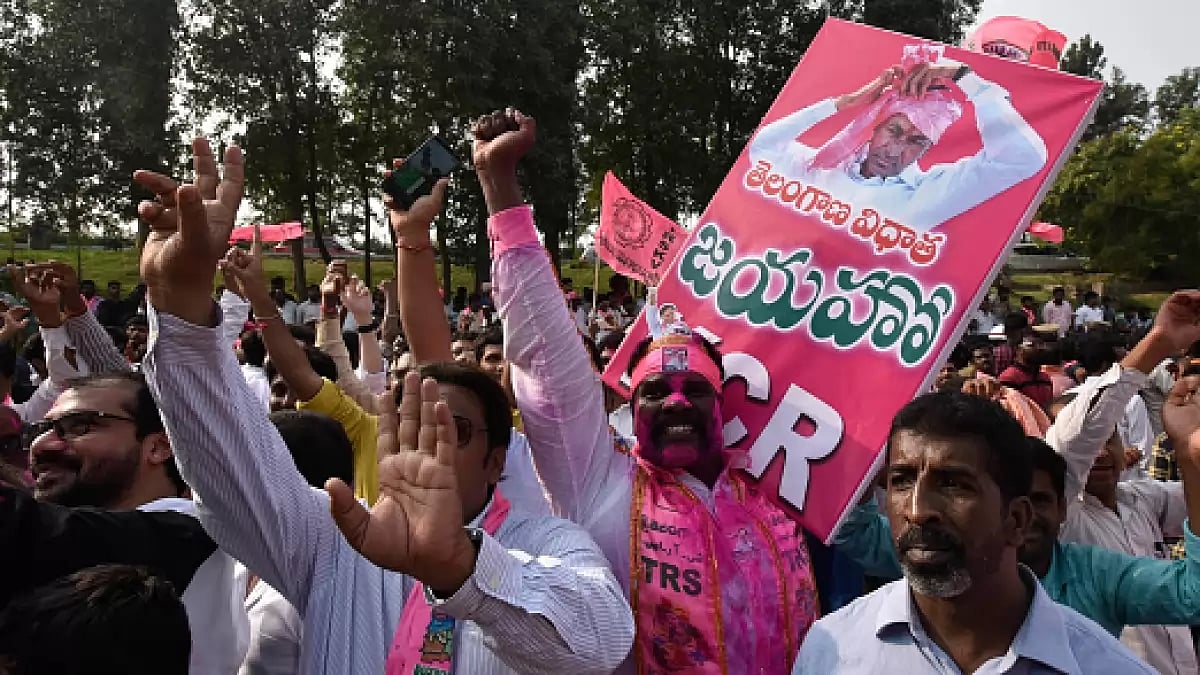 TRS supporters celebrate after the party’s electoral win in 2018