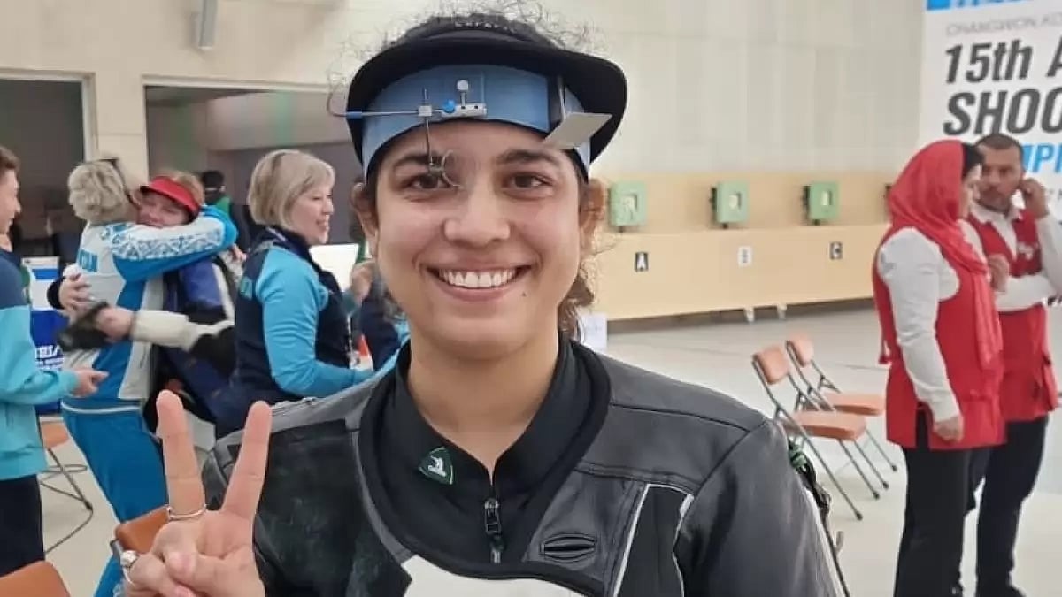 Shooter Shriyanka Sadangi celebrates after sealing the Olympic quota in Changwon, Korea.