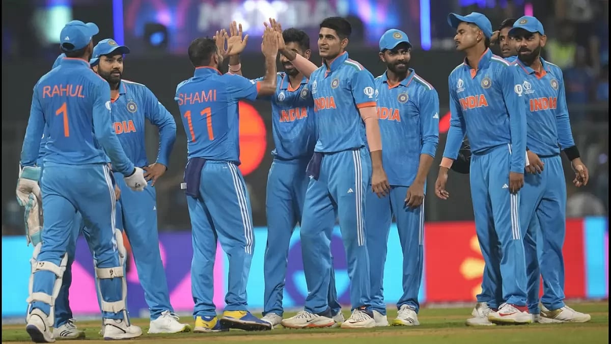 India celebrate the dismissal of Sri Lanka's Kasun Rajitha in Mumbai.