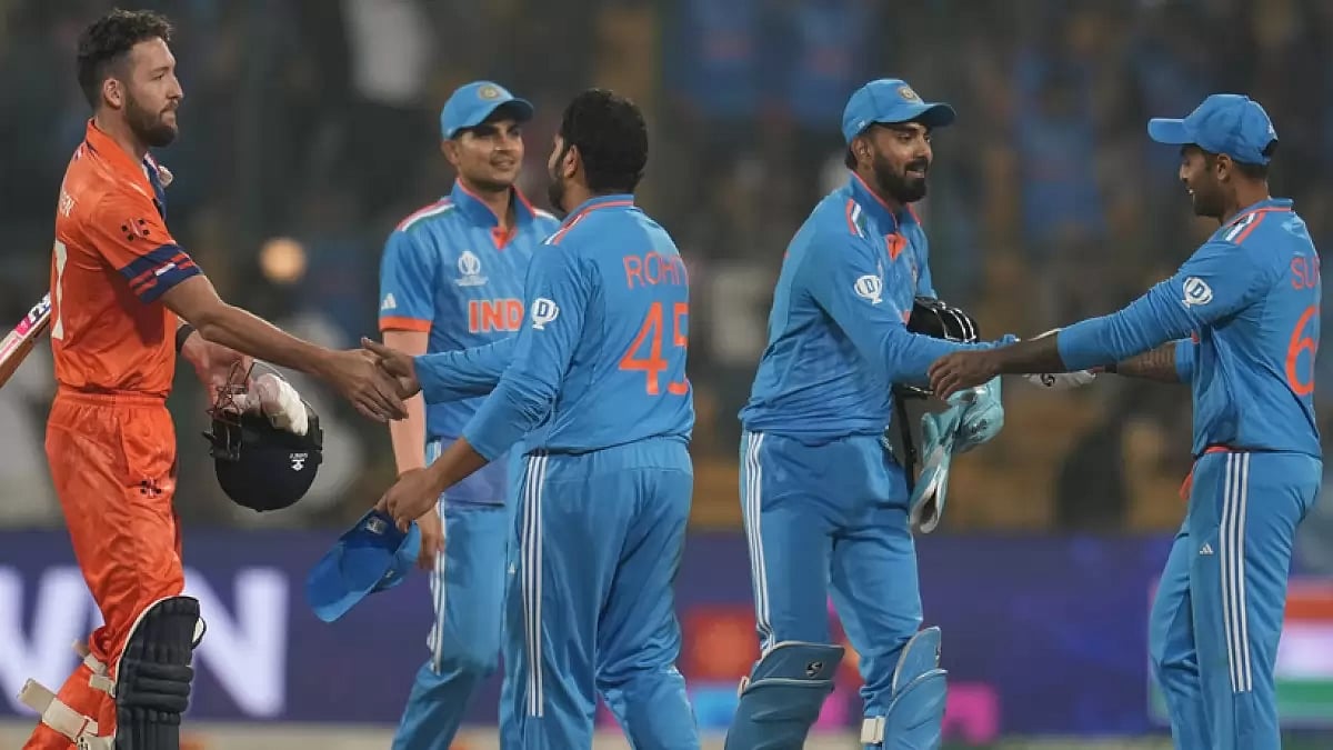Handshakes all around after India beat Netherlands at the 2023 ODI World Cup in Bengaluru.