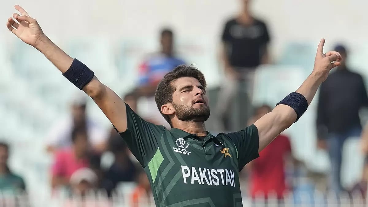 Pakistan's Shaheen Shah Afridi celebrates the wicket of Bangladesh's Tanzid Hasan during the ICC Men's Cricket World Cup match between Bangladesh and Pakistan in Kolkata.