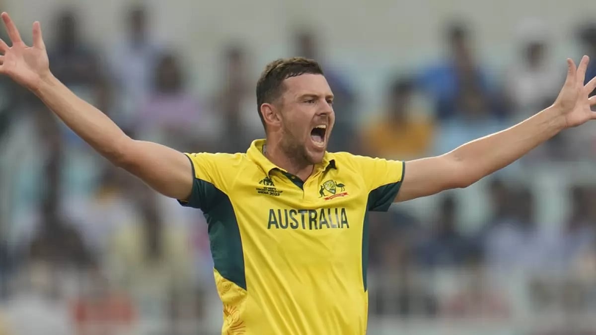 File : Josh Hazlewood celebrates the wicket of Quinton De Kock during the ICC World Cup second semifinal match between Australia and South Africa.