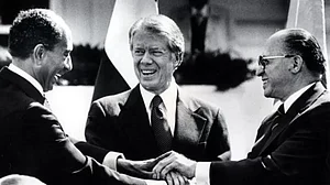 President Carter (C), Anwar Sadat, President of Egypt (L), and Menacham Begin, PM of Isr'l (R)