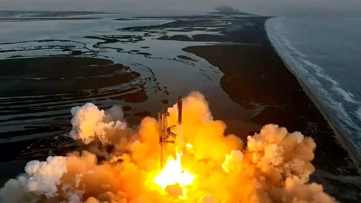 SpaceX's Starship blasting off into space from the launch site in Texas, USA.