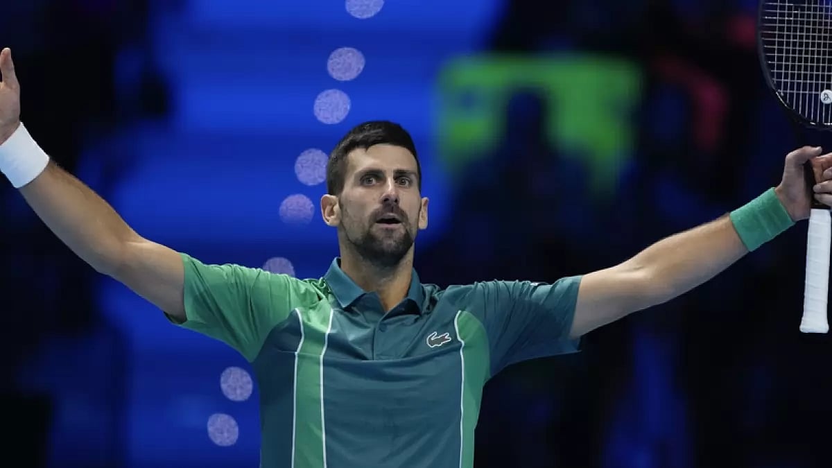 Novak Djokovic during semifinal tennis match against Carlos Alcaraz in the ATP World Tour Finals