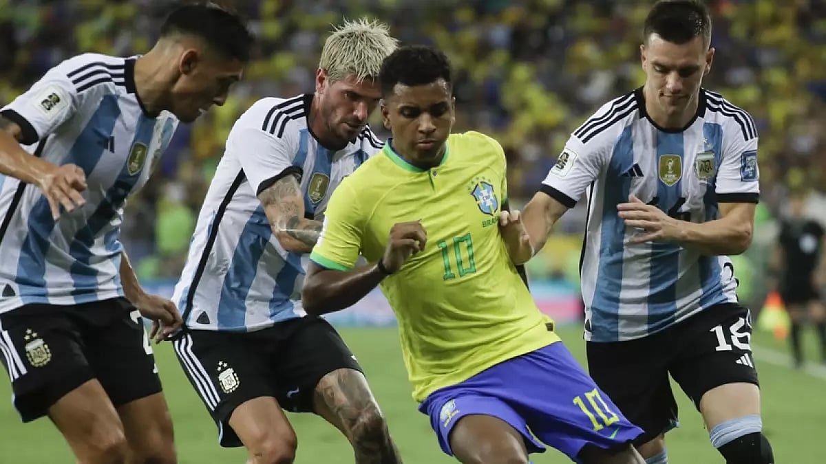Brazil's Rodrygo in action against Argentina during their FIFA World Cup 2026 Qualifiers match