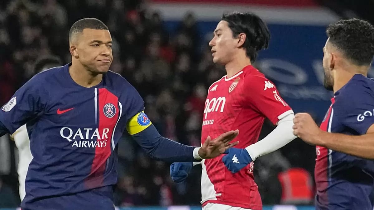 PSG's Kylian Mbappe celebrates his goal against Monaco during the Ligue 1 football match