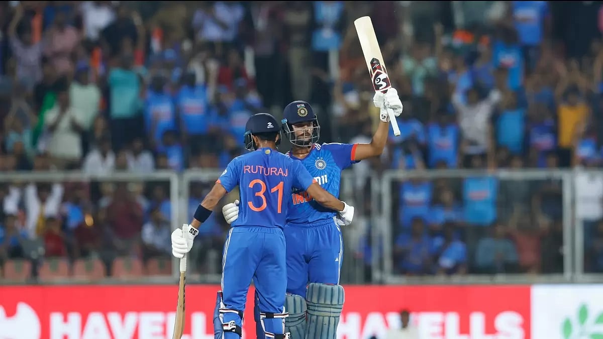 Yashasvi Jaiswal celebrates his half-century against Australia in the 2nd T20I in Thiruvananthapuram.