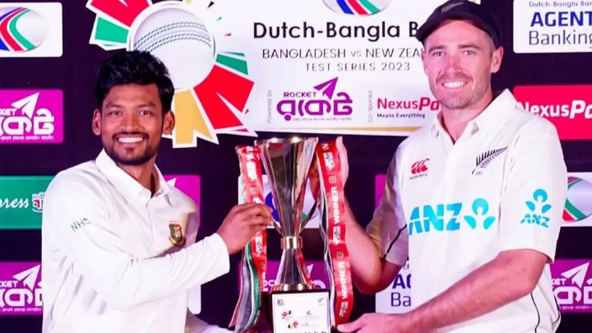 Bangladesh skipper Najmul Hossain Shanto (L) ahead of test match against New Zealand