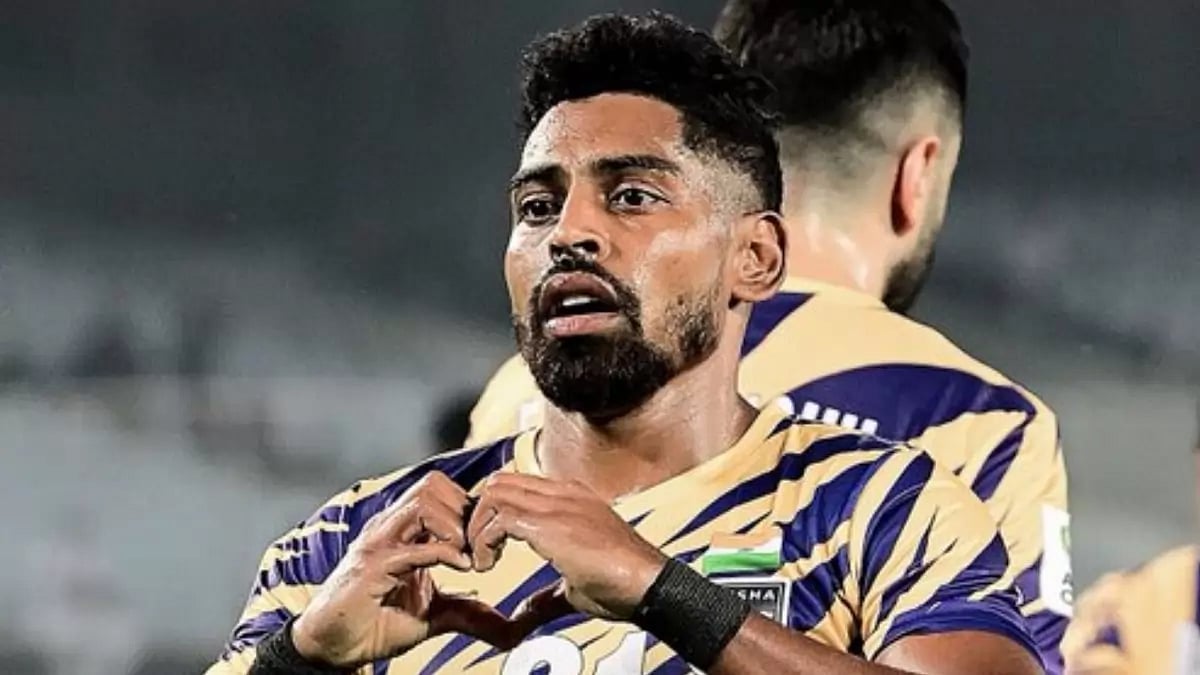 Odisha FC striker Roy Krishna celebrating a goal