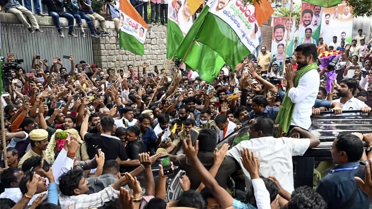 Congress Telangana President A Revanth Reddy greets party workers and supporters
