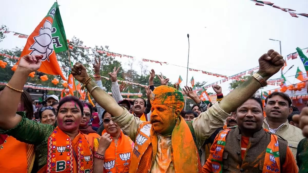 Supporters of BJP celebrate in Jaipur, Rajasthan, after the early trends.