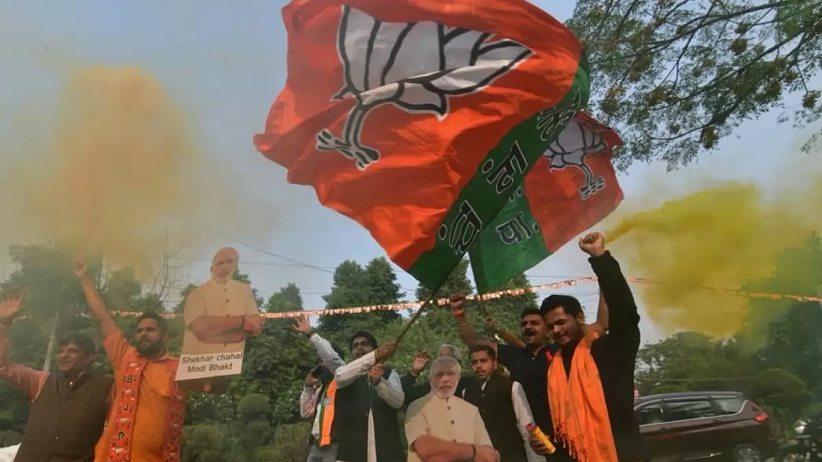 BJP Party supporters celebrate at BJP headquarters in Delhi amid Assembly election results