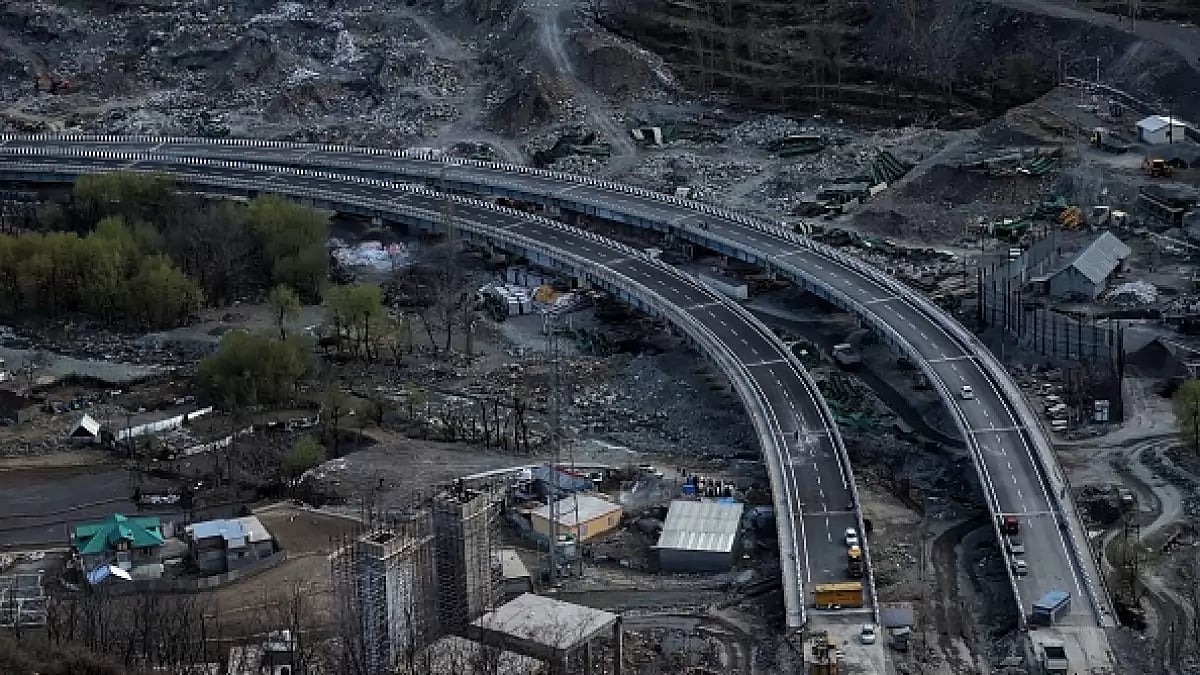 View of Qazigund-Banihal Highway where work is going on is seen near Banihal, Jammu And Kashmir.