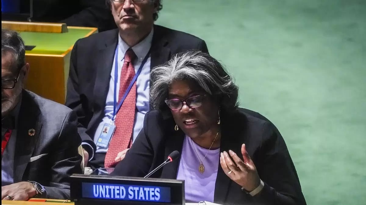 U.S. United Nations Ambassador Linda Thomas-Greenfield speaks before the U.N. General Assembly vote 