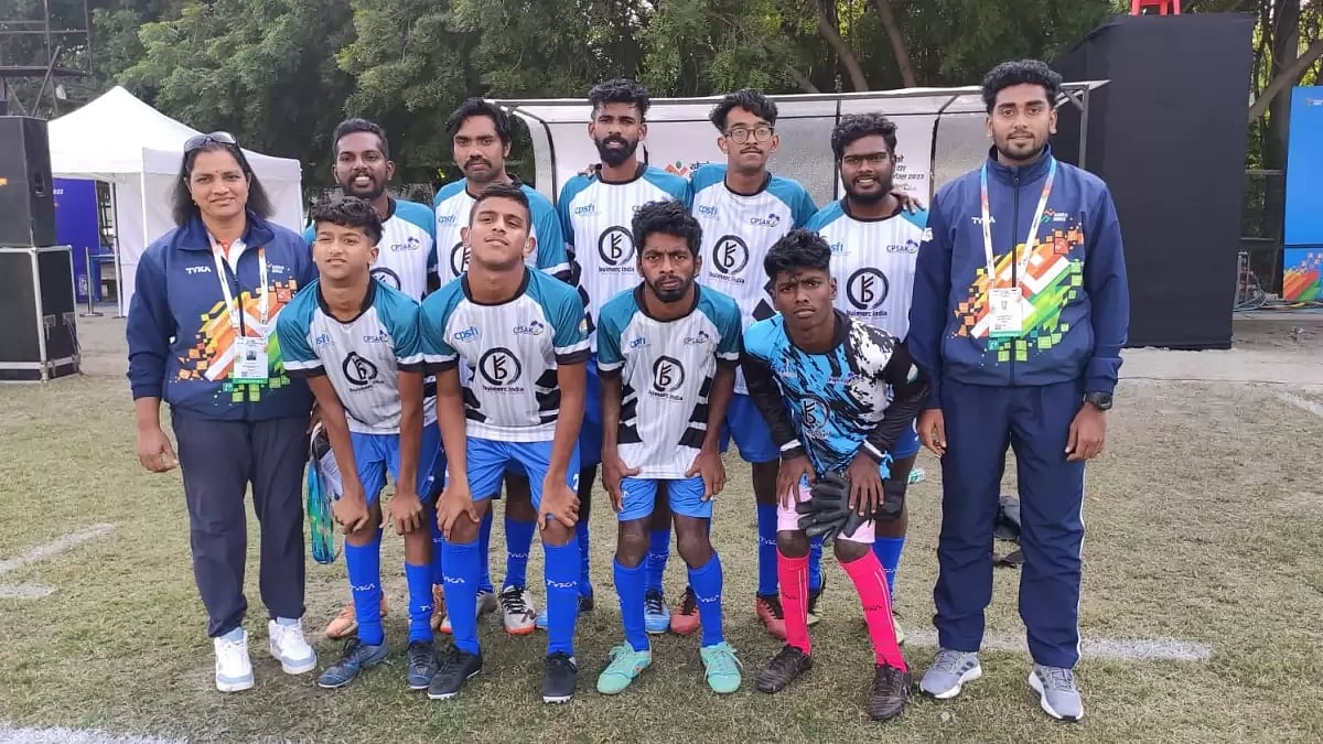 Girija Madhu with the Kerala Cerebral Palsy football team at Khelo India Para Games 2023 in Delhi.