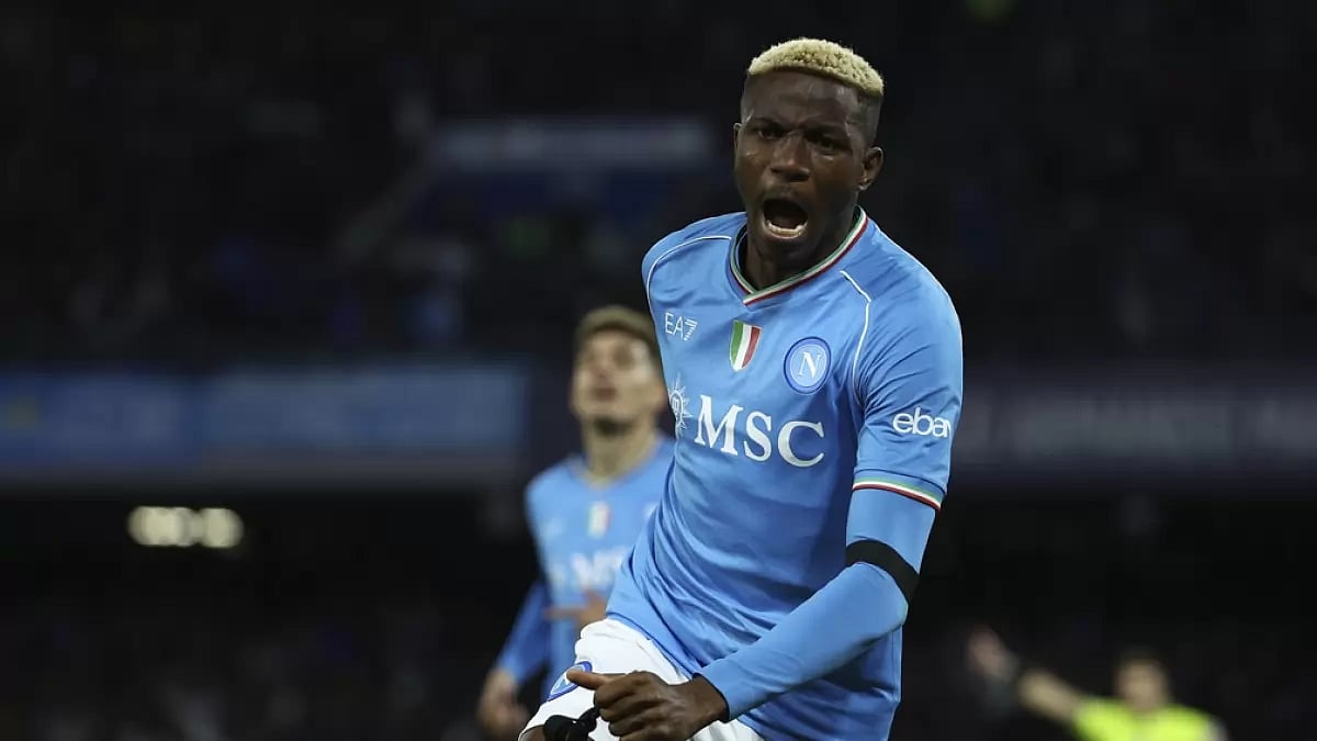Napoli's star forward Victor Osimhen celebrates a goal against Cagliari in Serie A.