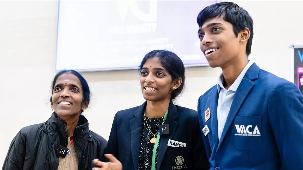 Grandmaster siblings R Praggnanandhaa (R) and Vaishali (C), with their mother Nagalakshmi.