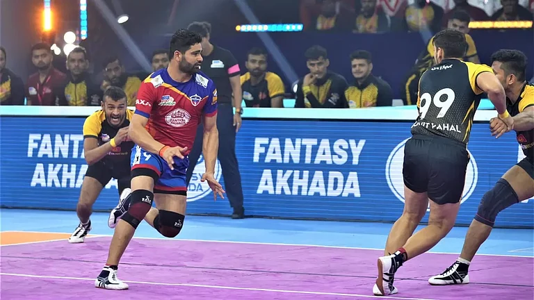 UP Yoddhas' captain Pardeep Narwal during a raid in the Pro Kabaddi League - null