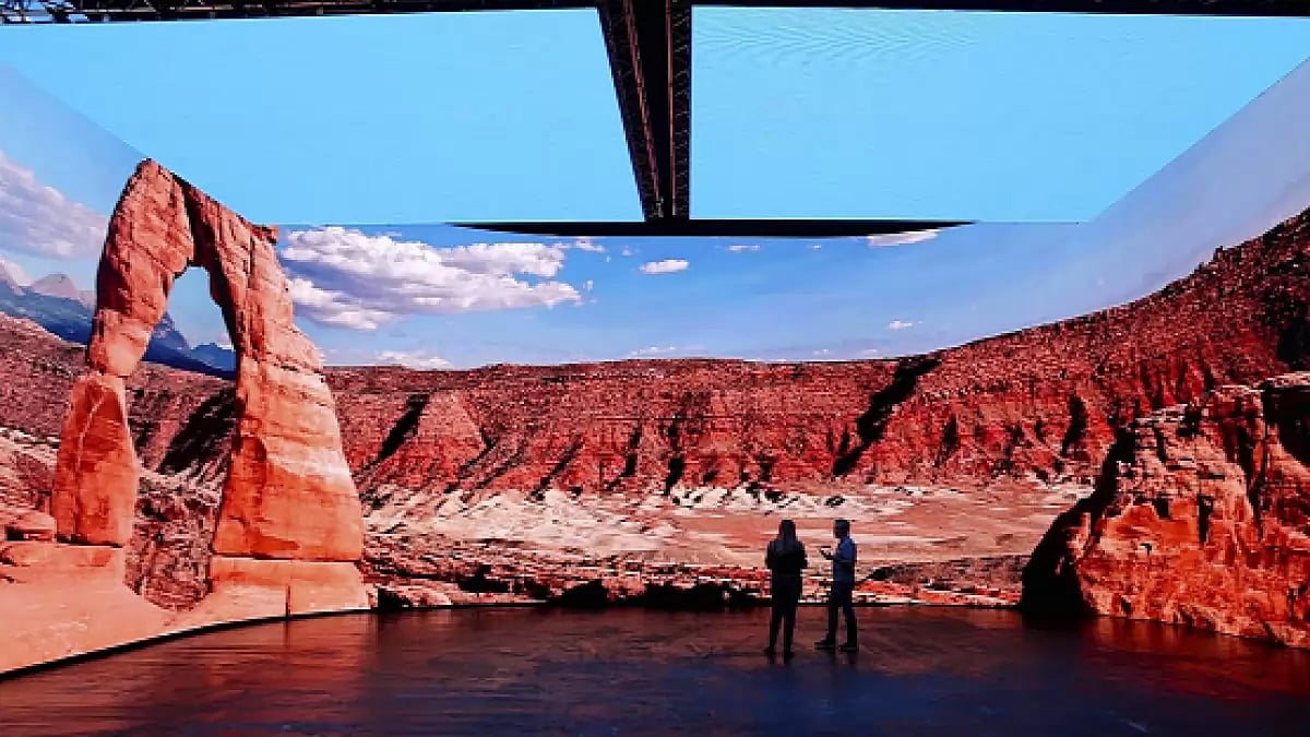 A virtual set at Vu Orlando is built around a 155 ft. wide by 26 ft. tall LED screen.