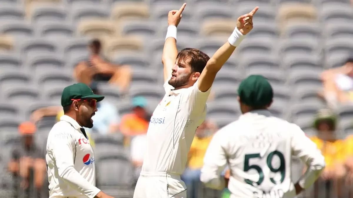Pakistan pacer Shaheen Shah Afridi (C) in action during the first Test against Australia in Perth.