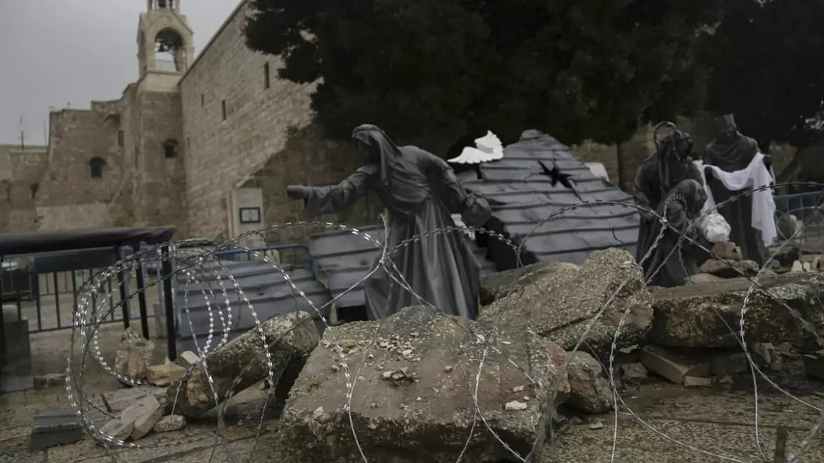 A nativity scene decorated to honor the victims in Gaza is displayed in Manger Square