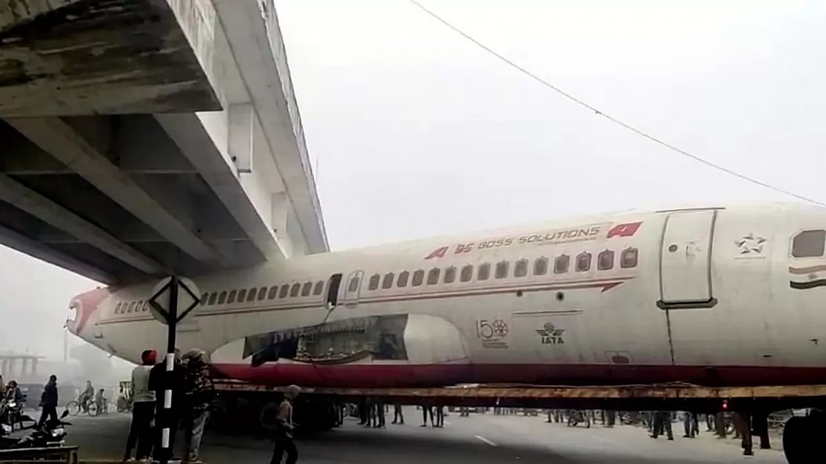 Air India Plane Body Being Transported on Truck Gets Stuck Under Bridge in Bihars Motihari
