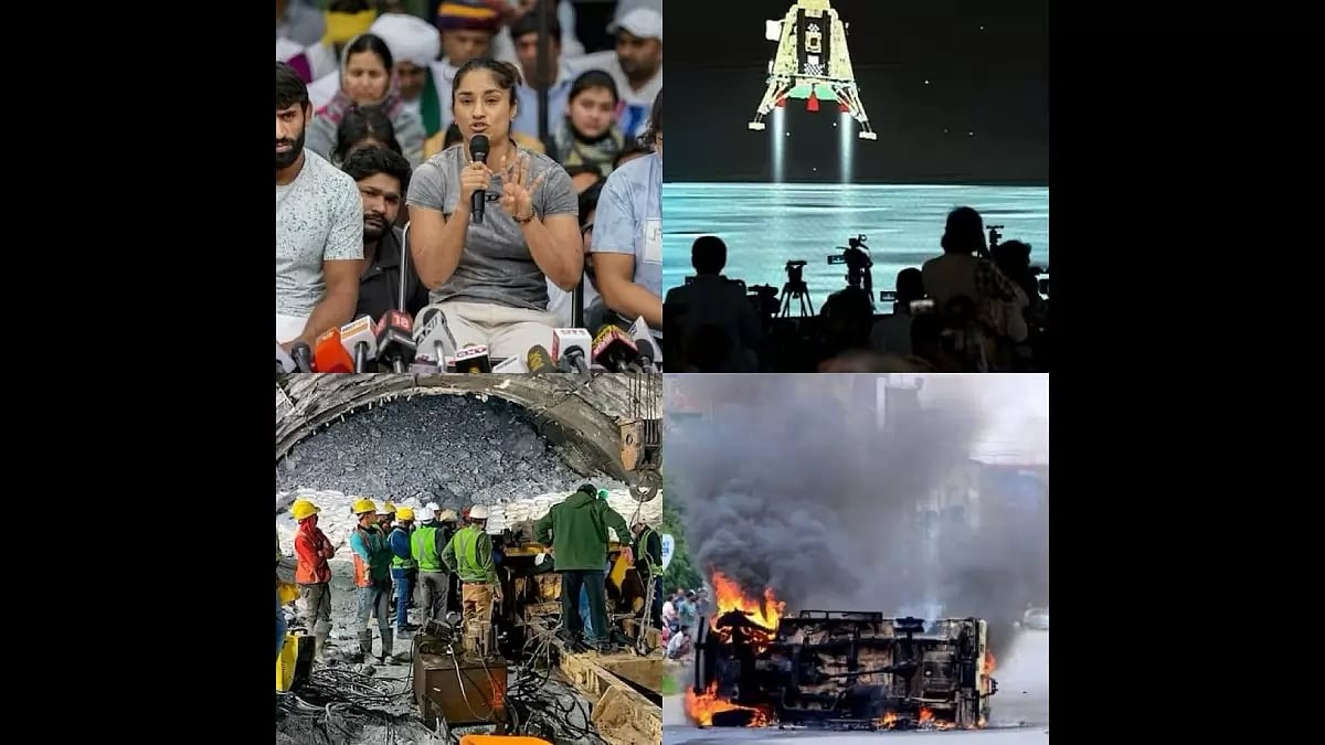 (Clockwise)Wrestlers' Protest, Chandrayaan 3, Manipur violence, Sikyara tunnel collapse