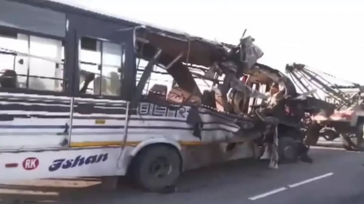 Visual of the bus crushed after a head-on collision with a truck in Assam