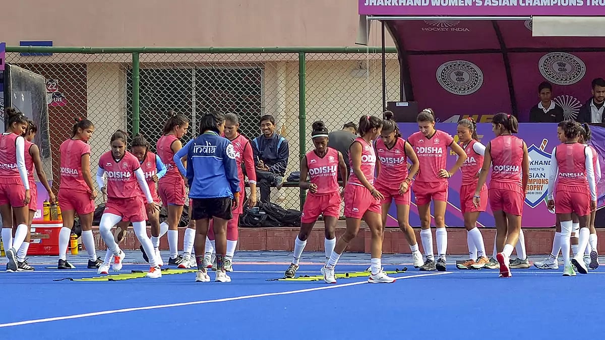 Indian women's hockey team players during a warm-up session ahead of their Olympic Qualifiers matches, at Birsa Munda Astroturf Hockey Stadium in Ranchi.