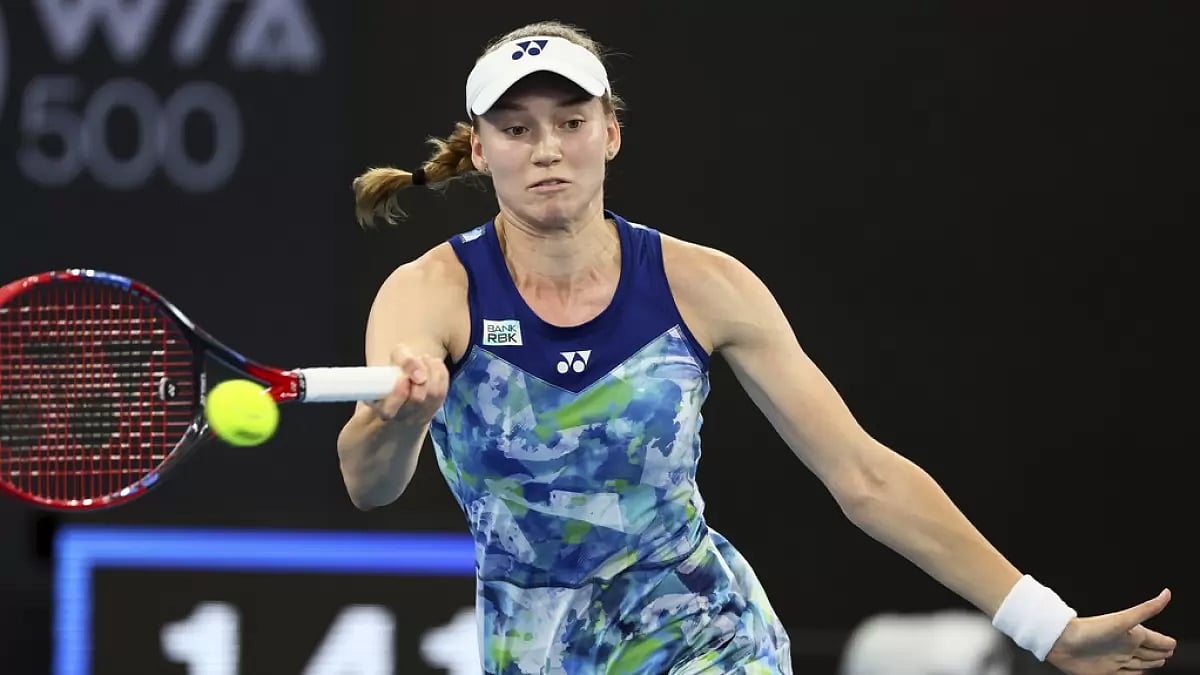 Elena Rybakina of Kazakhstan plays a shot 