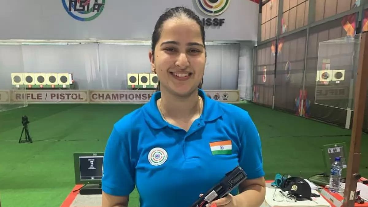 Rhythm Sangwan celebrates her bronze medal at the Asian Olympic Qualifiers 2024 in Jakarta. - null