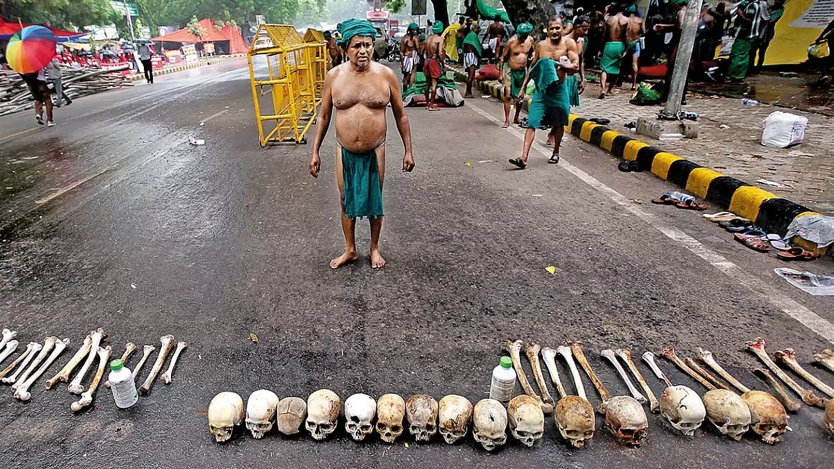 Farmers from Tamil Nadu staged a protest in 2017 against farmer suicides 