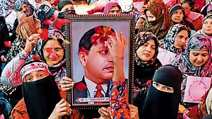 Muslim women stage a protest against CAA and NRC at Shaheen Bagh in New Delhi in 2022
