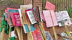 Placards displaying slogans during a protest in Ranchi, Jharkhand in 2022 by tribal communities