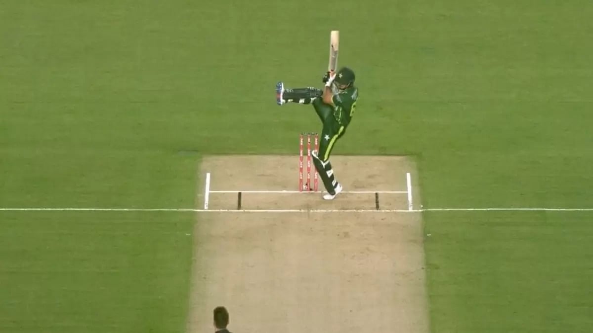 Saim Ayub plays a no-look shot against New Zealand