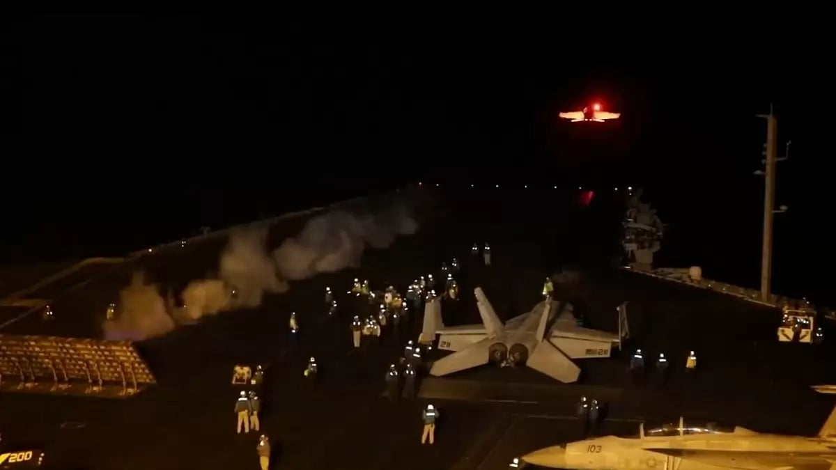 A US fighter aircraft taking off to attack Yemen-based, Iran-backed Houthis.