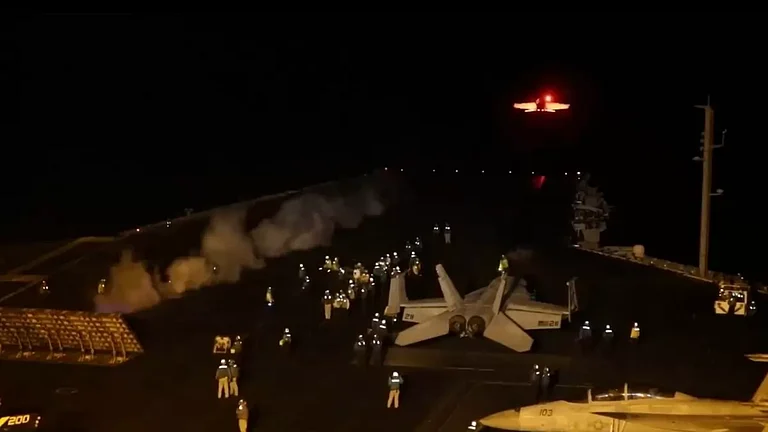 A US fighter aircraft taking off to attack Yemen-based, Iran-backed Houthis. - null
