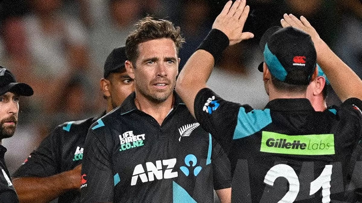 New Zealand pacer Tim Southee celebrates his record 150th wicket during the 1st T20I against Pakistan in Auckland.