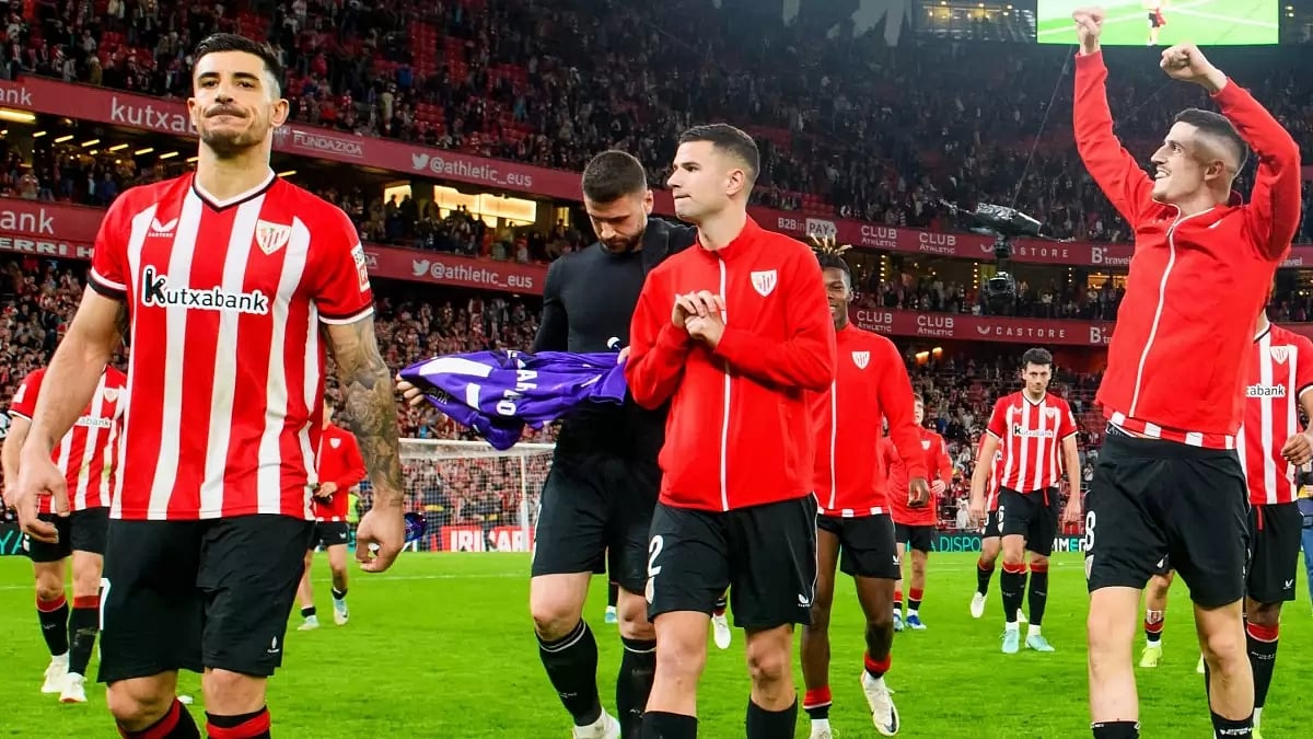 Athletic Bilbao players celebrate their victory over Real Sociedad in a La Liga 2023-24 match in Basque Country, Spain.