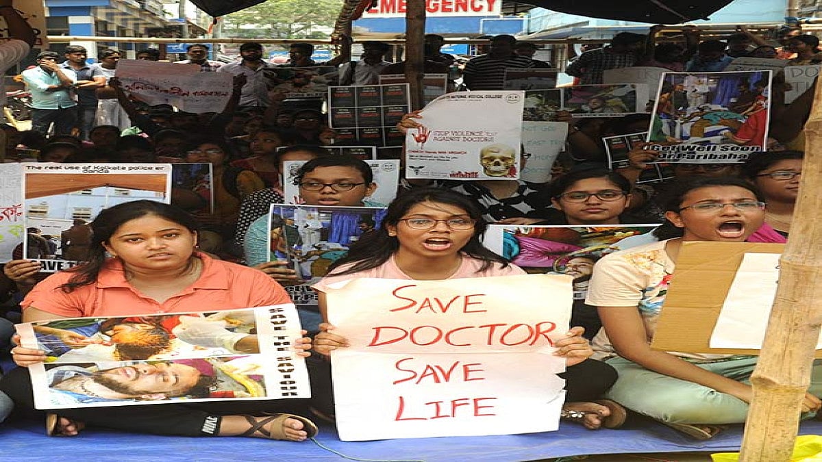 Junior doctors protest at NRS Medical College and Hospital after one of their colleagues was allegedly attacked by the family of a patient who died.