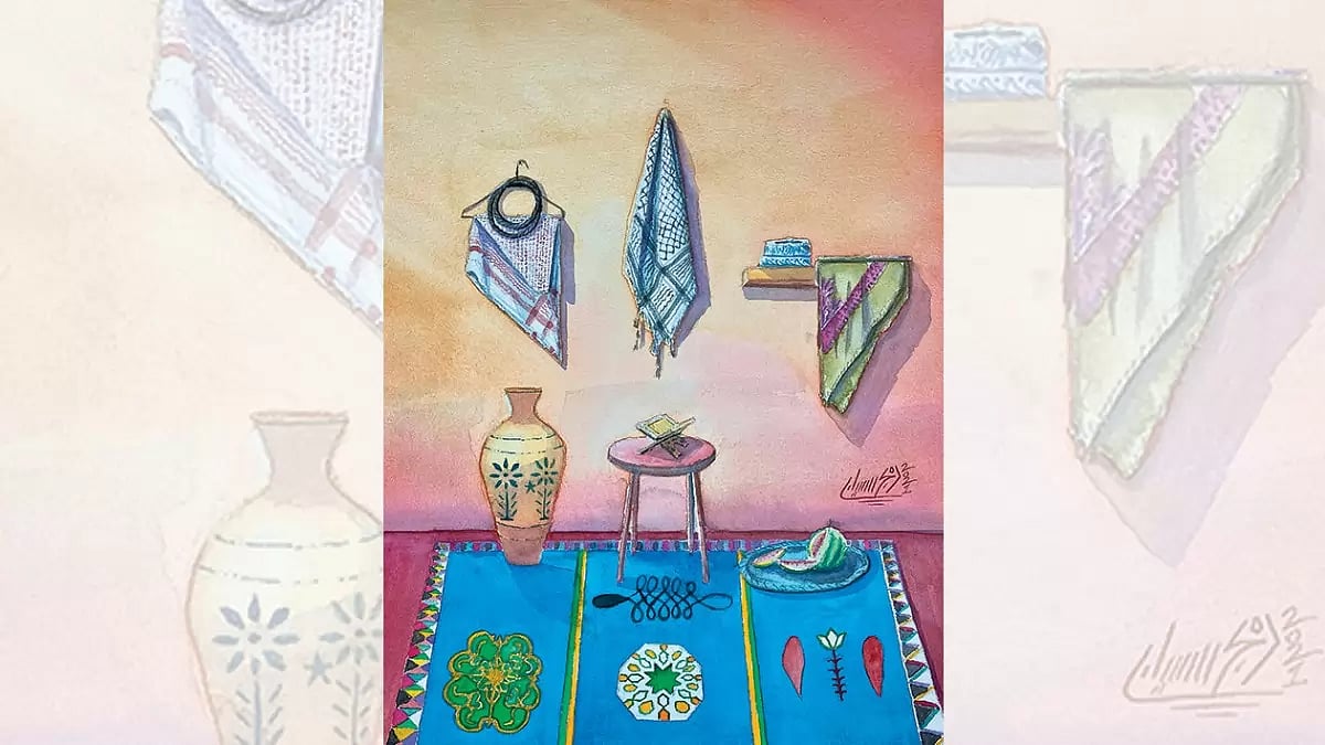 Artwork titled ‘One Body’ by Omani artist Amjad Al-Siyabi. The artwork shows symbols of different colours of keffiyeh and islamic inscriptions.  Artwork statement: The believers in their mutual kindness, compassion and sympathy are just like one body. When one of the limbs suffers, the whole body responds to it with wakefulness and fever—Prophet Muhammed