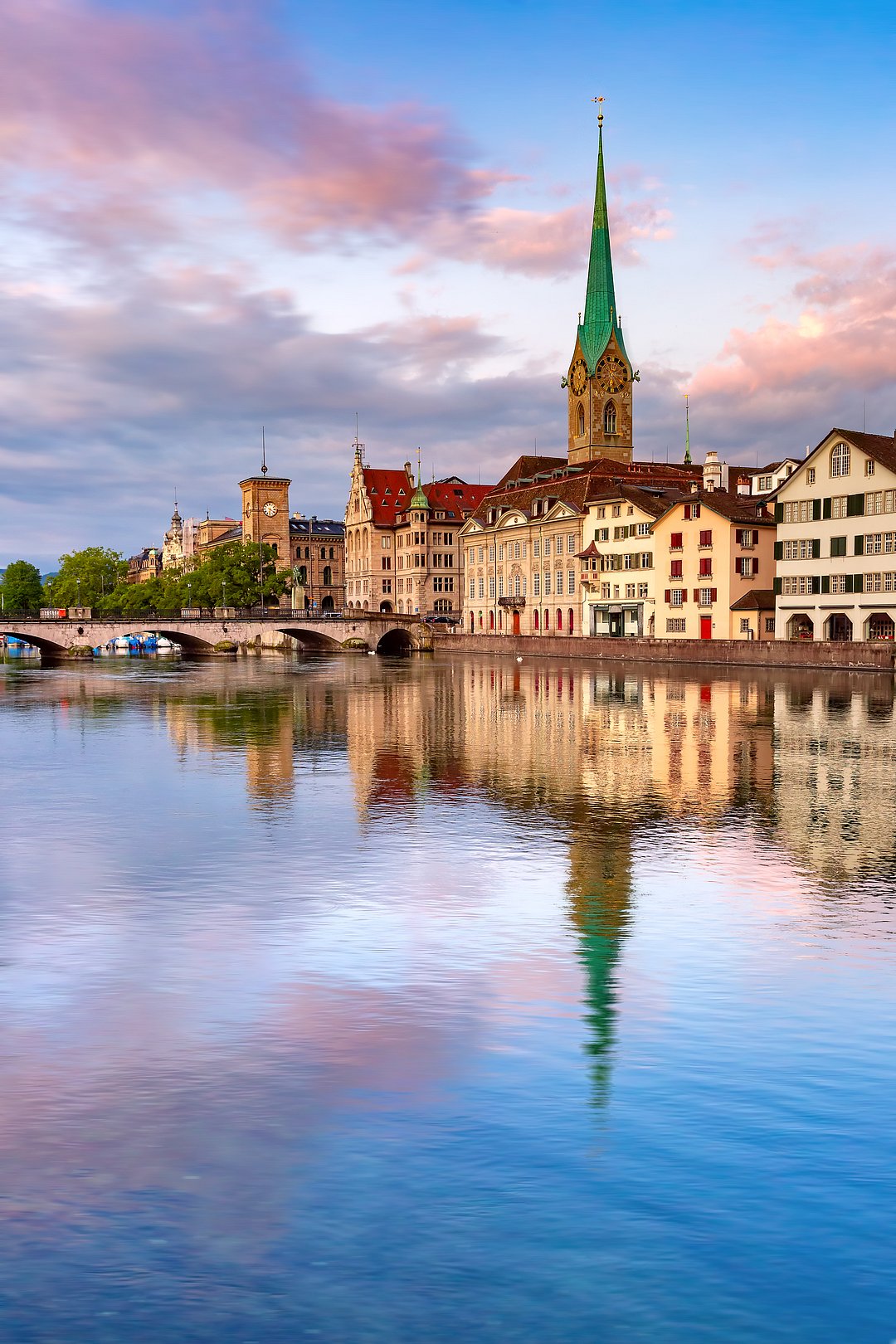 Fraumunster Church with reflections in River Limmat